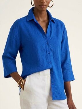 Zara 100% European Grown Linen Button Shirt Royal Blue Size L